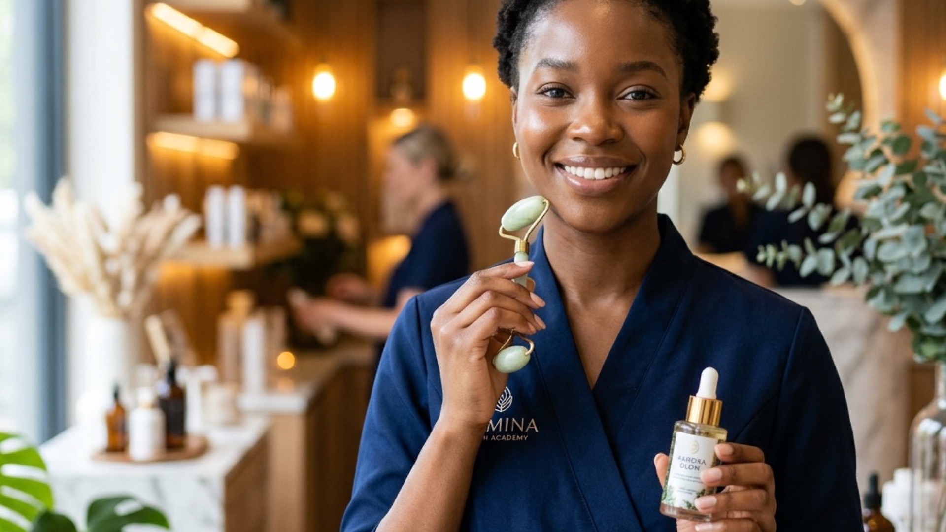 Esthéticienne souriante tenant un roller jade dans un salon professionnel